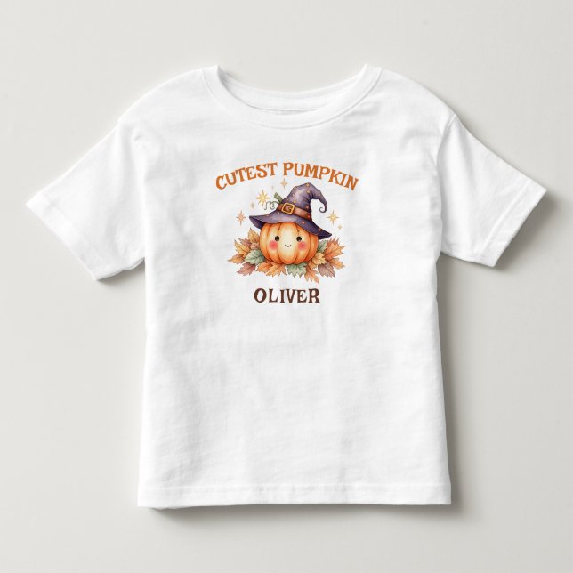 Camiseta Abóbora de Bruxa Fofa com Folhas de Outono (Frente)