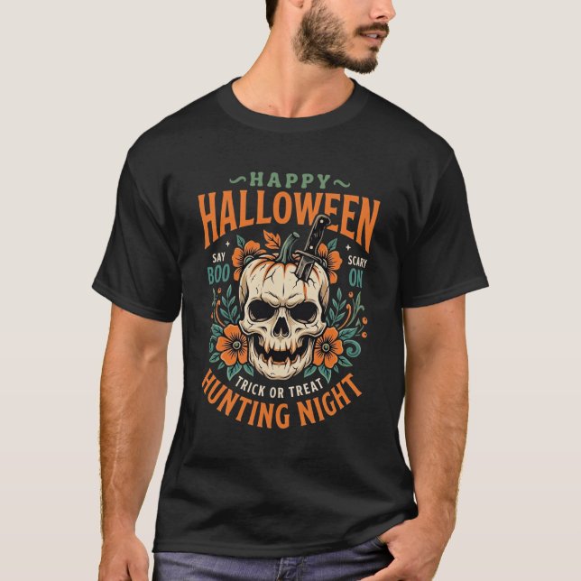 Camiseta Abóbora de Crânio de Halloween Caça Noturna Design (Frente)