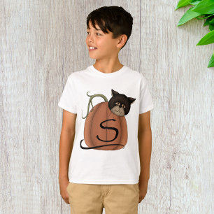 Camiseta Abóbora de Gato Preto Carta S Halloween