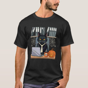Camiseta Abóbora de Gato Preto de Halloween na Mesa do Escr