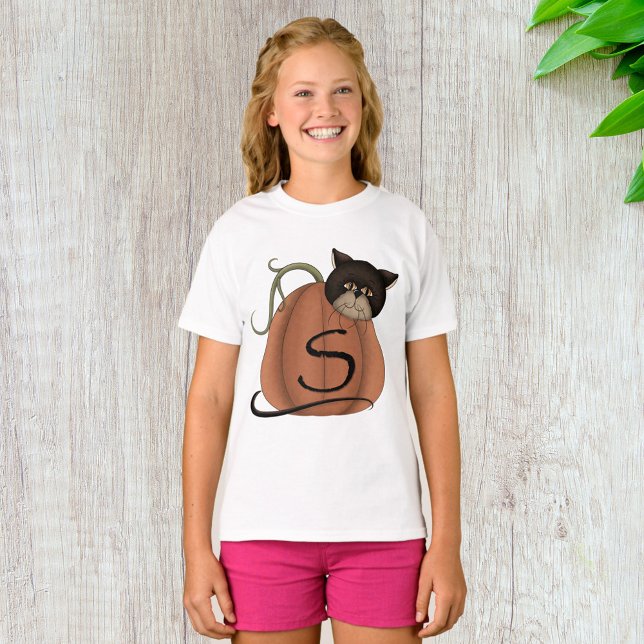 Camiseta Abóbora de Gato Preto Letra S Halloween (Criador carregado)