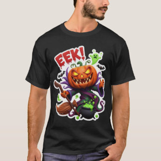 Camiseta Abóbora de Halloween assustadora bruxa com vassour