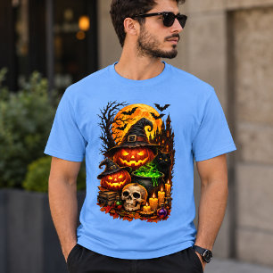 Camiseta Abóbora de Halloween Bruxa PNG, Gato Preto e Calde