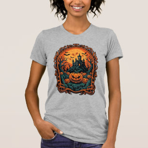 Camiseta Abóbora de Halloween Casa Assombrada Lua Cheia Mor