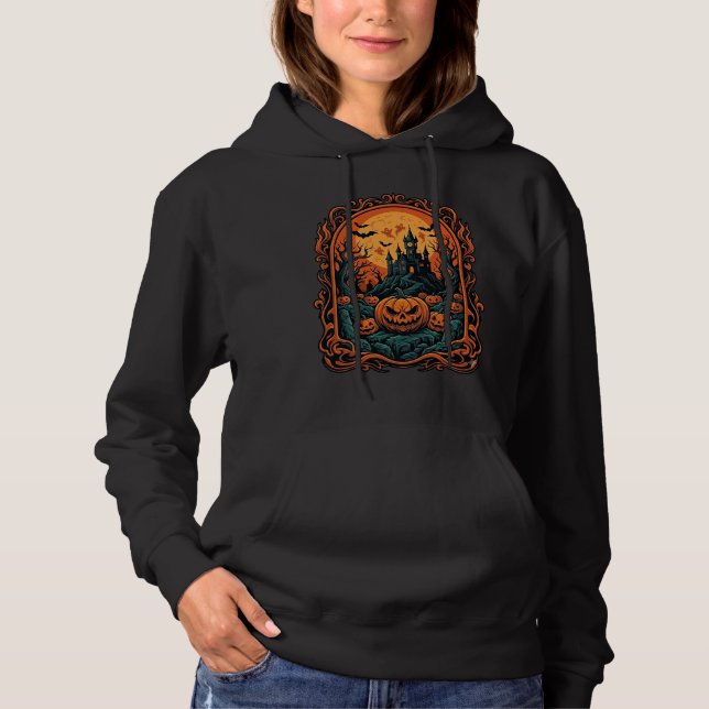 Camiseta Abóbora de Halloween Casa Assombrada Lua Cheia Mor (Frente)