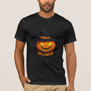 Camiseta Abóbora de Halloween Chapéu de Bruxa Rosto Assusta