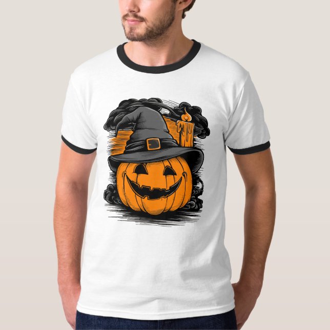 Camiseta Abóbora de Halloween com chapéu, masculina (Frente)