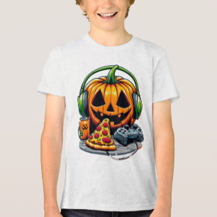 Camiseta Abóbora de Halloween com Fones de ouvido e Jogos?