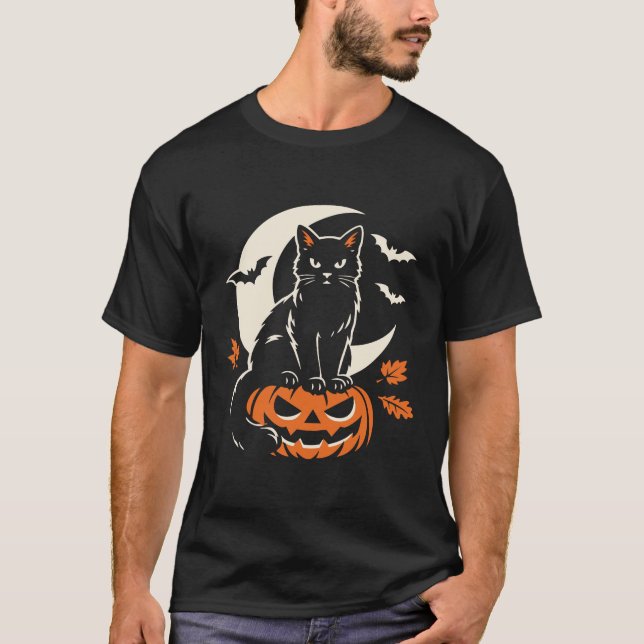 Camiseta Abóbora de Halloween com Gato Preto (Frente)