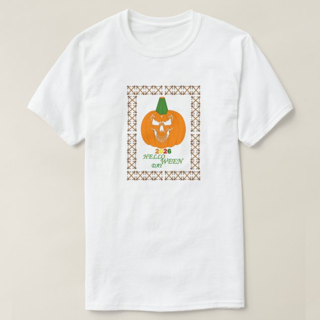Camiseta Abóbora de Halloween com Rosto de Caveira Assustad (Frente do Design)