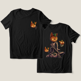 Camiseta Abóbora de Halloween Esqueleto de Gato Assustador