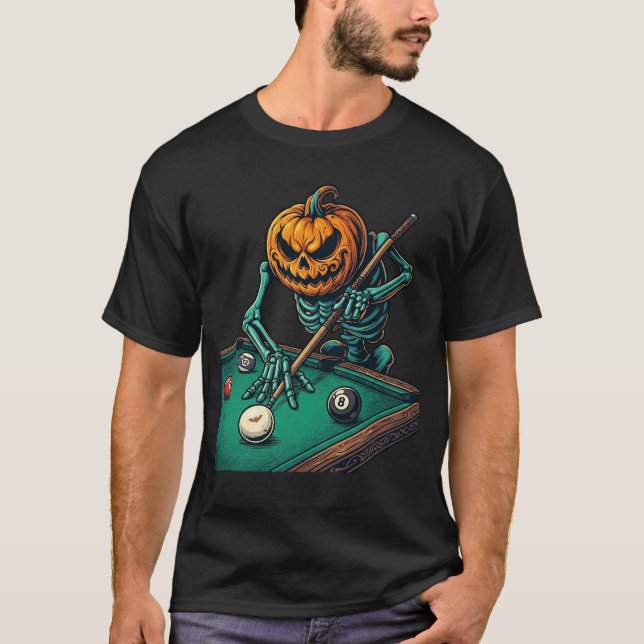 Camiseta Abóbora de Halloween Esqueleto Jogando Bilhar (Frente)