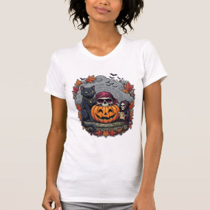 Camiseta Abóbora de Halloween Gato Caveira Ceifador Outono