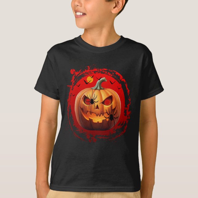 Camiseta abóbora de halloween morcegos aranhas assustadoras (Frente)
