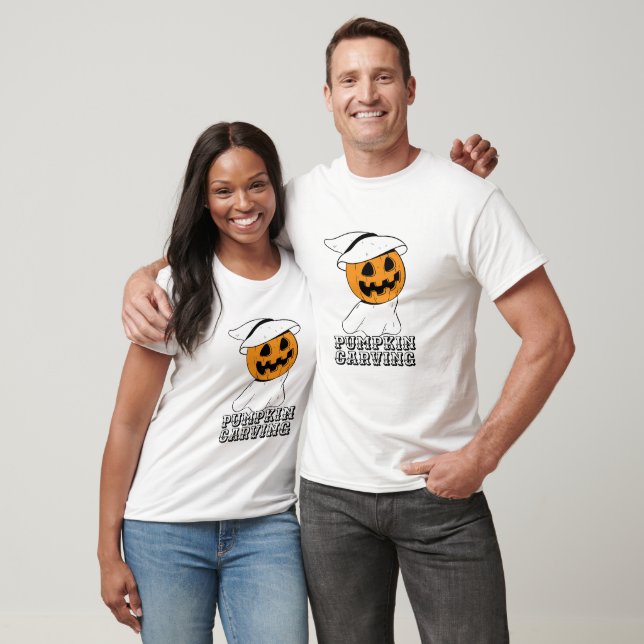 Camiseta Abóbora Engraçada com Fantasma e Chapéu de Bruxa p (Unissex)