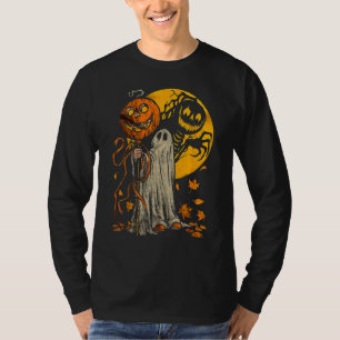 Camiseta Abóbora Fantasma de Halloween Fofo Folhas de Outon