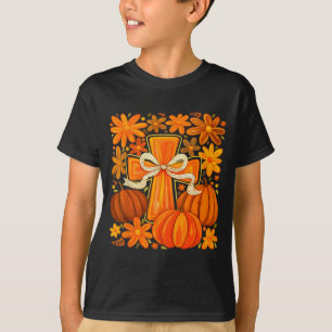 Camiseta Abóbora Floral Boho Cruz Outono Jesus Fé Cristã
