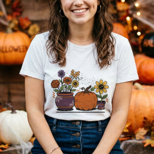 Camiseta Abóbora Fofa com Flores Coloridas, Plantas em Vaso