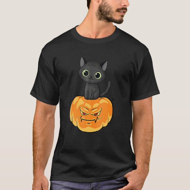 Camiseta Abóbora Gato Lua Cheia Halloween Jack O Lantern (Frente)