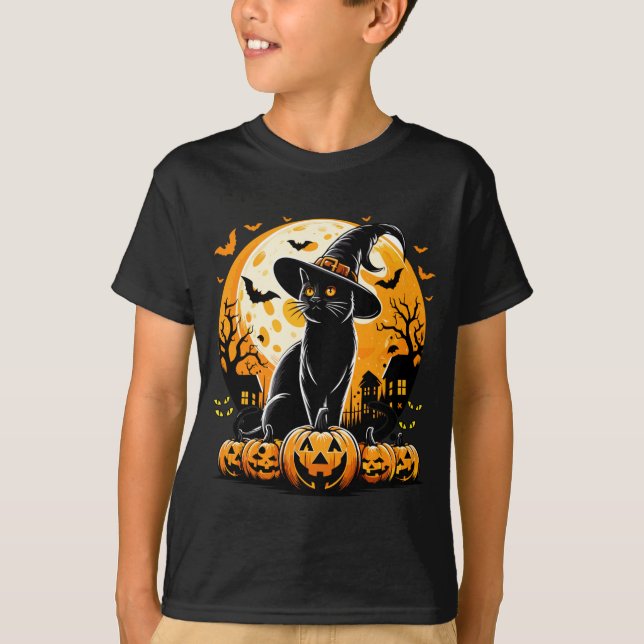 Camiseta Abóbora Gato Preto Com Chapéu de Bruxa Lua Cheia (Frente)