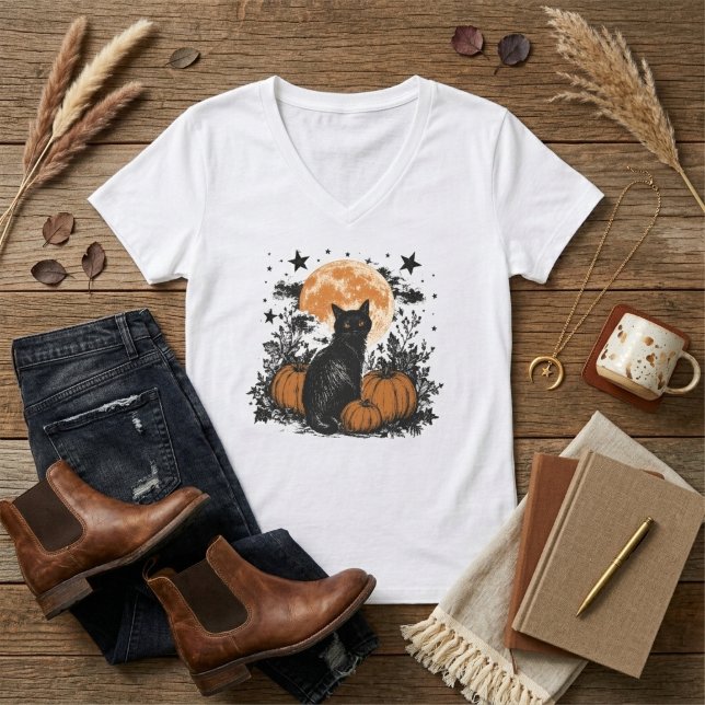 Camiseta Abóbora Gato Preto Halloween (Criador carregado)