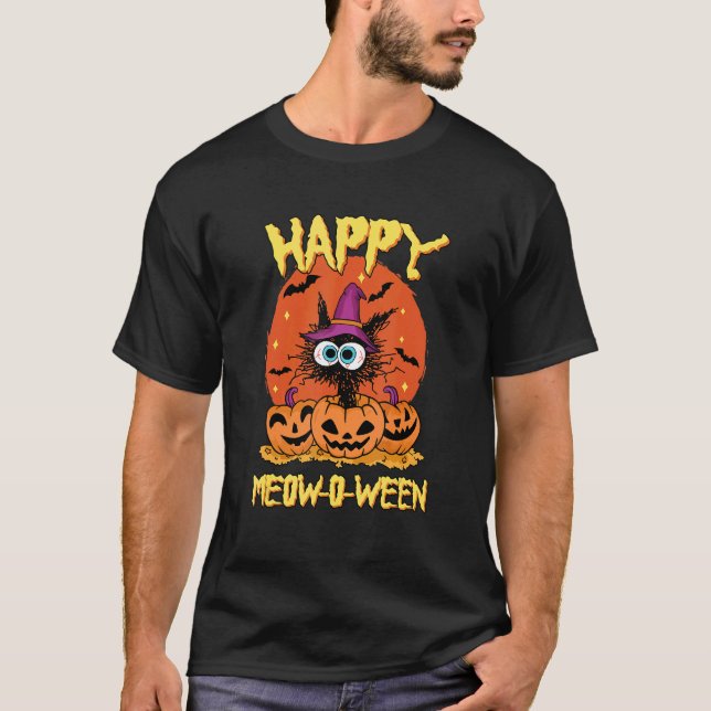 Camiseta Abóbora Gato Preto Lua Feliz Meow O Ween Halloween (Frente)