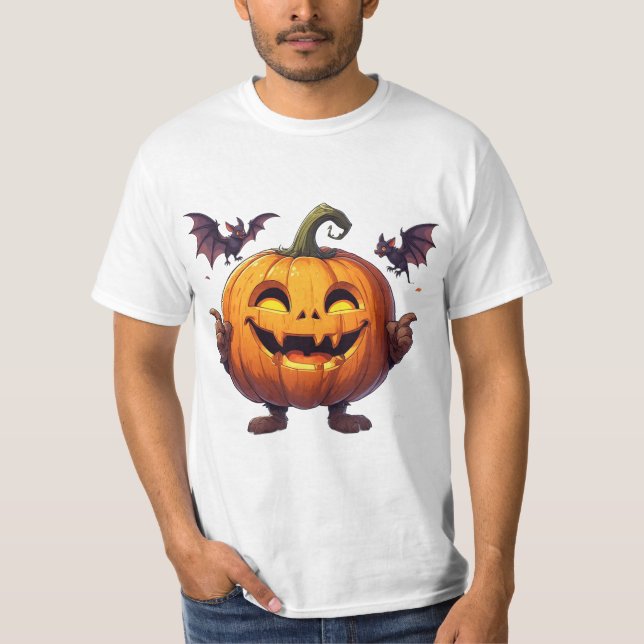 Camiseta Abóbora Jack O Lantern Morcegos de Halloween 🎃 (Frente)