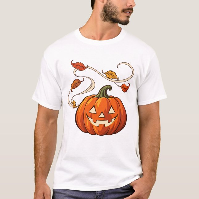 Camiseta Abóbora Lanterna e Folhas Enroladas (Frente)