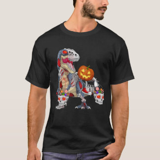 Camiseta Abóbora Montando Dinossauro T rex Zumbi Halloween
