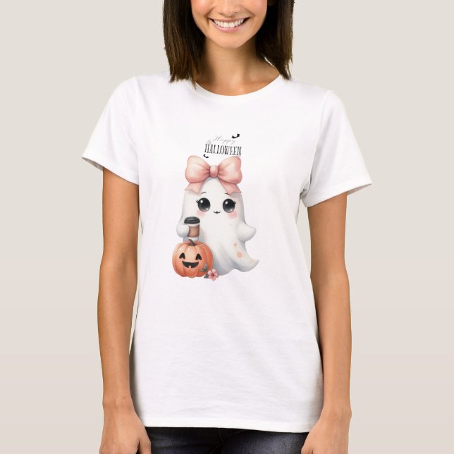 Camiseta Abóbora Morcego Fantasma Fofo de Halloween (Frente)