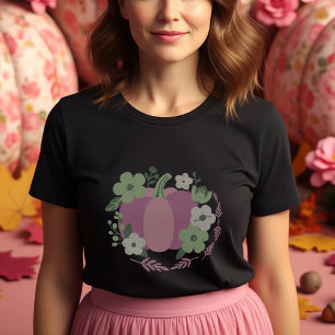 Camiseta Abóbora rosa pastosa com flores verdes e brancas
