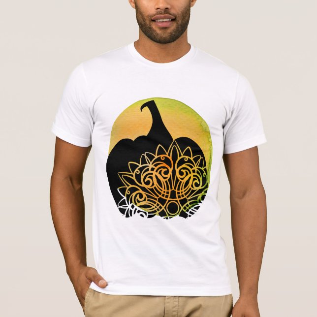 Camiseta Abóbora Talhada com Mandala e Lua de Outono  (Frente)