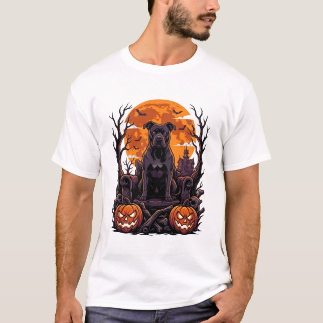 Camiseta Abóbora Trono Pitbull Preto Halloween Lua Cheia_ (Frente)