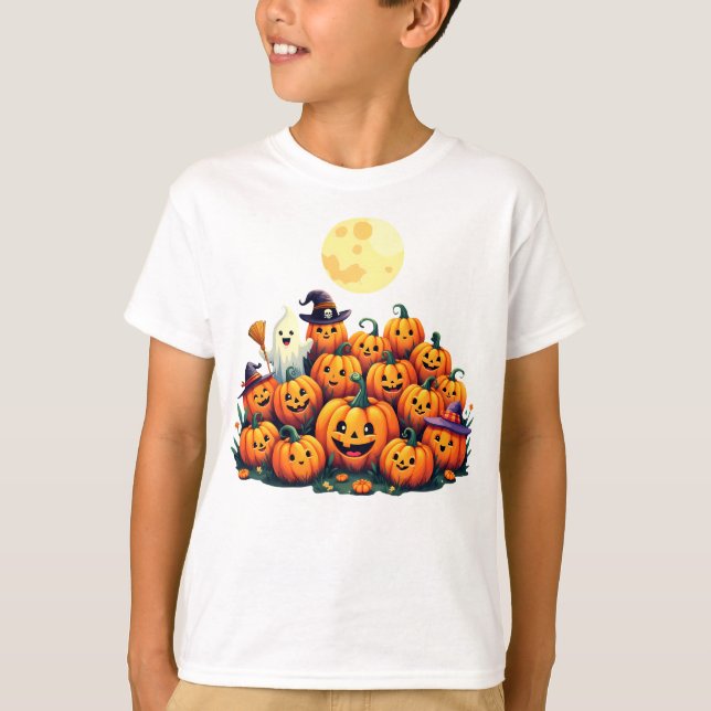 Camiseta Abóboras Adoráveis de Halloween com rostos sorride (Frente)