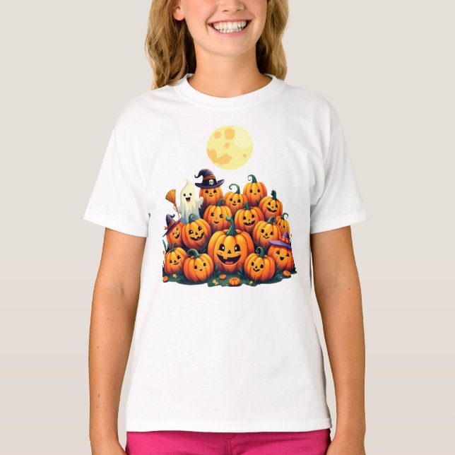 Camiseta Abóboras Adoráveis de Halloween com rostos sorride (Frente)