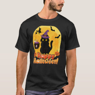 Camiseta Abóboras de Gato Fofo Bruxa Feliz Gráfico de Hallo