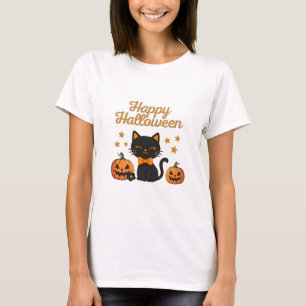 Camiseta Abóboras de Gato Preto Fofo Estrelas Feliz Hallowe