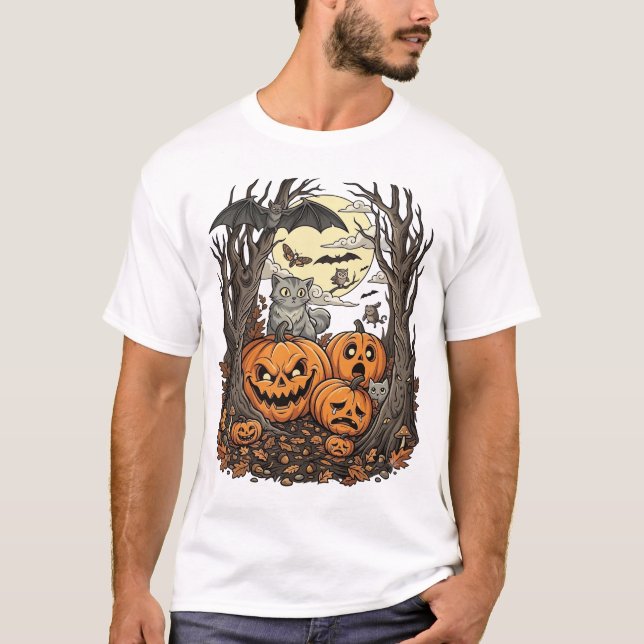 Camiseta Abóboras de Halloween Gato Cinza Morcego Lua Cheia (Frente)