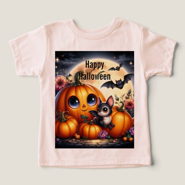 Camiseta Abóboras e Morcegos de Halloween (Design frontal)