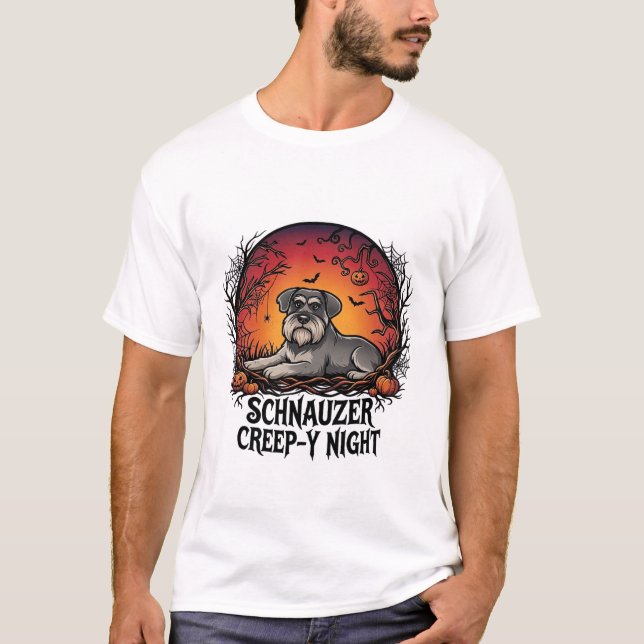 Camiseta Aboboras Morcegos Noite de Schnauzer Halloween_1 (Frente)
