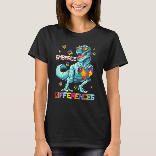Camiseta Abraçar Diferença  Quebra-cabeça de Dinossauro Con (Frente)