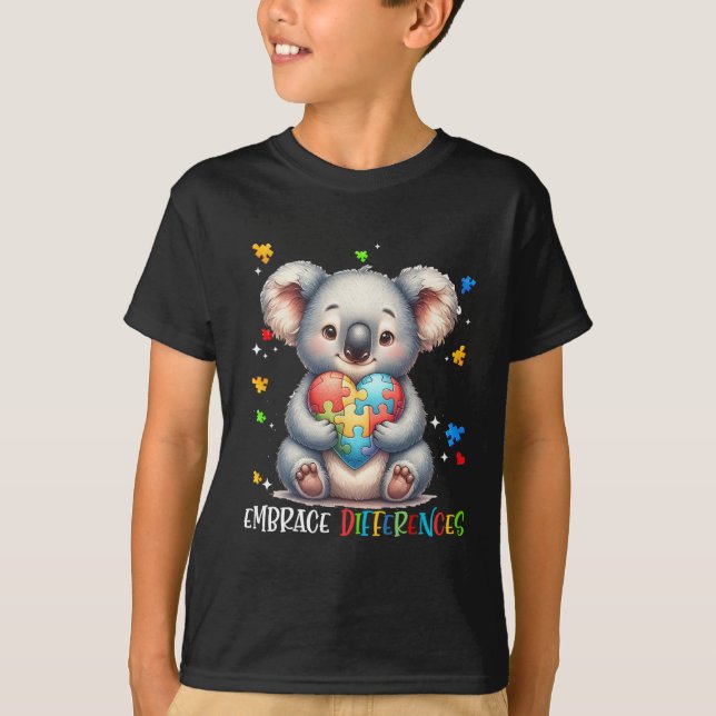 Camiseta Abraçar Diferenças no Coração Quebra-cabeça Koala  (Frente)