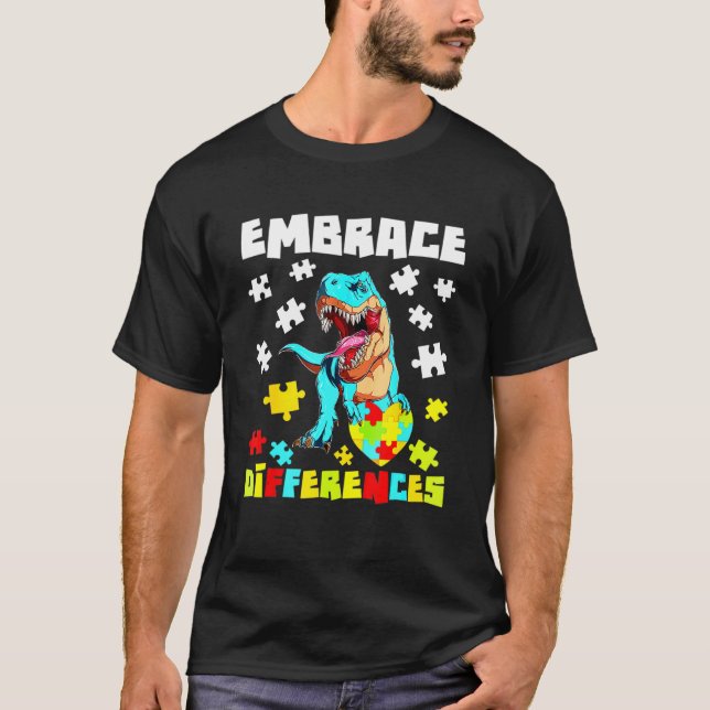 Camiseta Abraçar Diferenças T Rex Dinossaur Quebra-cabeça A (Frente)
