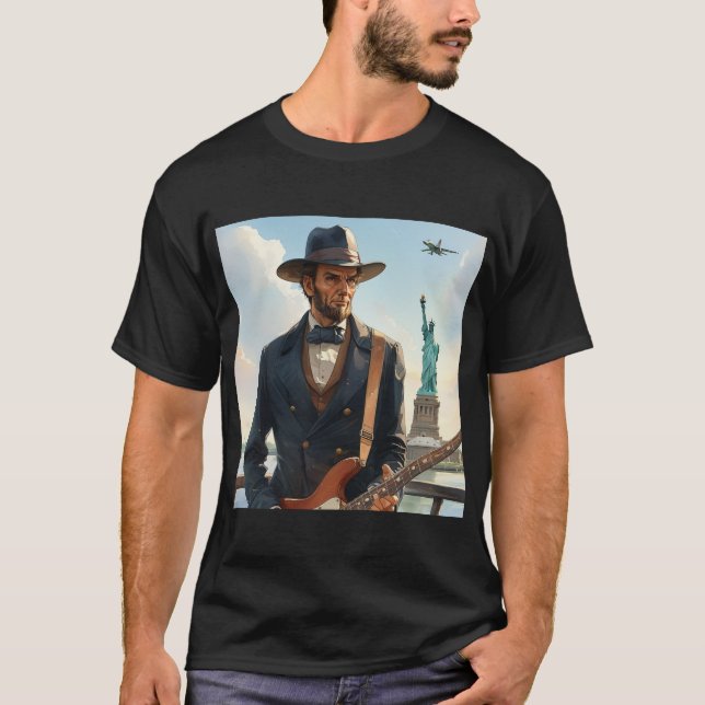 Camiseta Abraham Lincoln Jogando Bass Elétrico Liberdade (Frente)