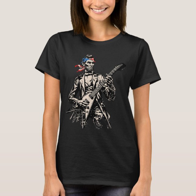 Camiseta Abraham Lincoln retrô tocando guitarra Rock Roll (Frente)