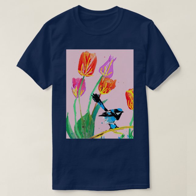 Camiseta Abstrato Blue Wren e Tulipas pintando no pino páli (Frente do Design)
