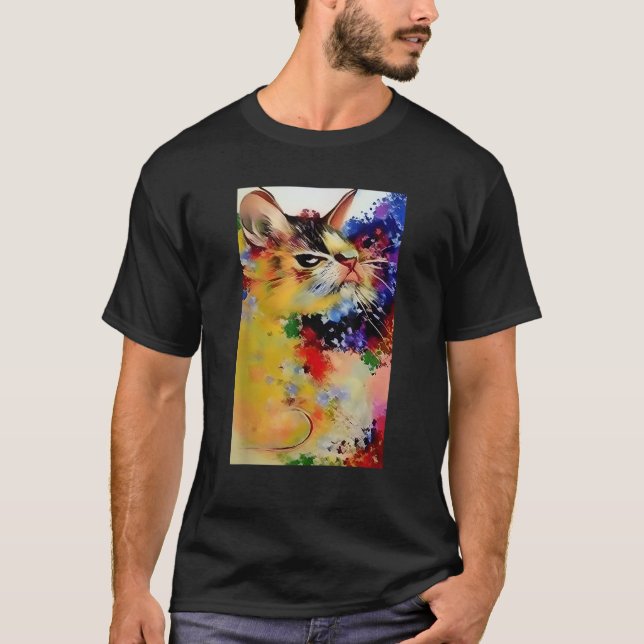 Camiseta Abstrato Colorida Cat Vibrant Artística Feline Des (Frente)