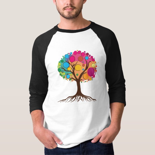 Camiseta Abstrato com raízes e folhas coloridas. (Frente)