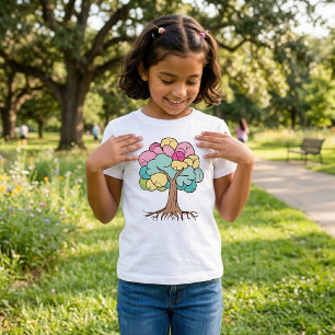 Camiseta Abstrato com raízes e folhas coloridas.