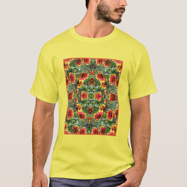 Camiseta Abstrato de Flores de Margarida Vermelhas e Amarel (Frente)